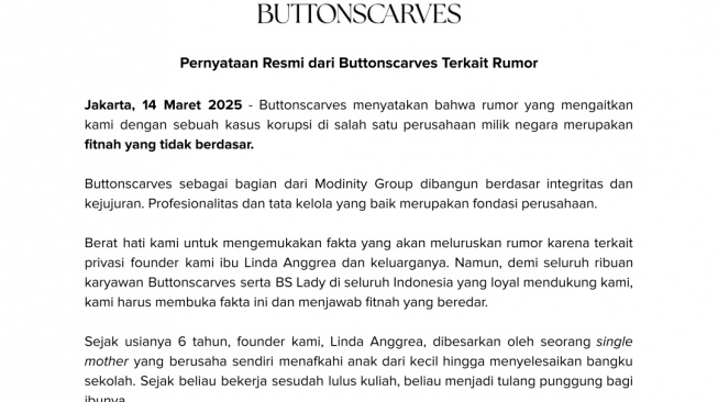 Pernyataan Resmi Buttonscarves Terkait Rumor yang Menerpa Linda Anggre. (ist)