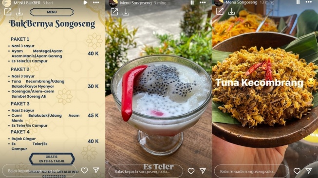 Tangkapan layar menu di Warung Songoseng milik Nunung. [Instagram Story/@songoseng.solo]