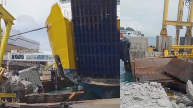 Penampakan Mobile Bridge alias penghubung kapal dan Dermaga 6 atau Dermaga Eksekutif Pelabuhan Merak yang ditabrak KMP Portlink III, Senin 17/3/2025). [Istimewa]