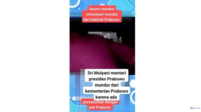 Tangkapan layar unggahan YouTube yang menyatakan Sri Mulyani mundur dari kabinet Prabowo Subianto. Faktanya, klaim tersebut salah. (YouTube)