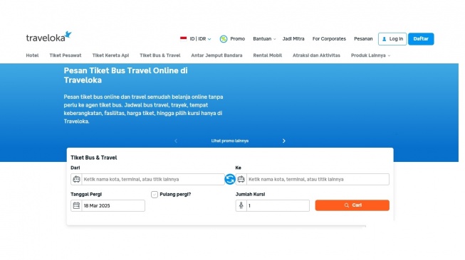 Situs Traveloka untuk memesan bus. [Traveloka]