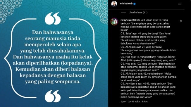 Ketua Umum PSSI Erick Thohir terpukul dengan hancur leburnya Timnas Indonesia di Kualifikasi Piala Dunia 2026. Timnas Indonesia dibantai Australia 1-5 kemarin. (IG Erick Thohir)