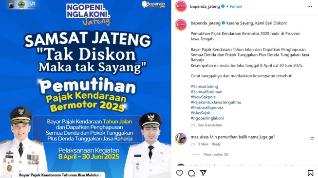 Tunggakan pajak kendaraan di Jawa Tengah akan dihapuskan selama periode Lebaran 2025 (Instagram)