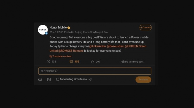 Teaser Terbaru Honor Beredar, Bakal Jadi Pertama Punya Baterai 8.000 mAh. [Wibo]