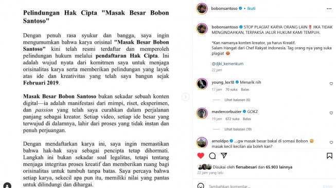 Chef Arnold Poernomo Bereaksi Usai Bobon Santoso Daftarkan Hak Cipta Konten Masak Besar. [Instagram/bobonsantoso]