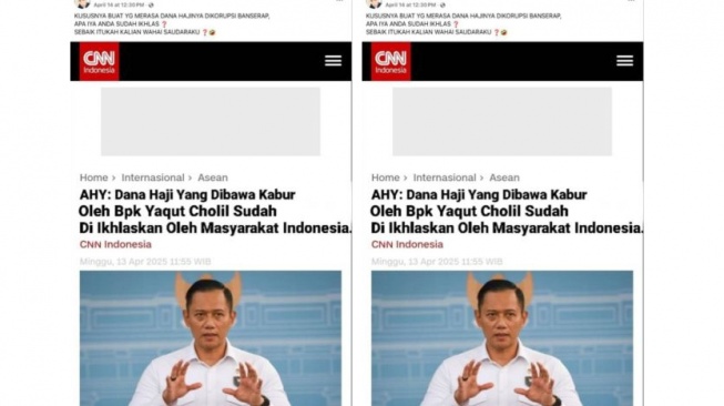 Hoaks AHY minta masyarakat ikhaskan dana haji yang dibawa kabur mantan Menag Yaqut. [Ist]