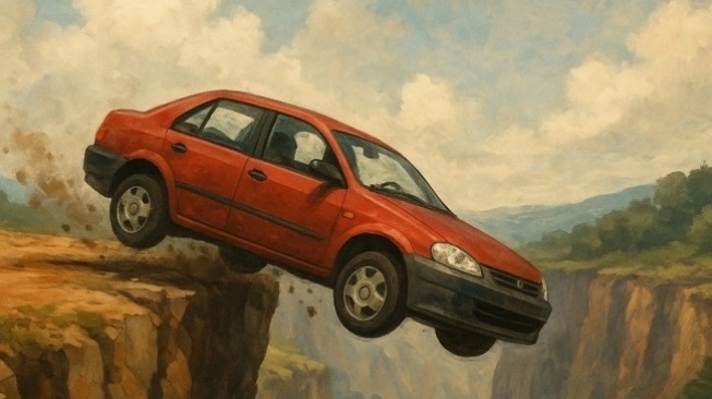 Ilustrasi mobil masuk jurang - Serpihan mobil dan barang-barang diduga milik penumpang mobil yang terjun ke Sungai Lae Kombih, Kabupaten Pakpak Bharat, Sumatera Utara (Sumut), ditemukan. [ChatGPT]