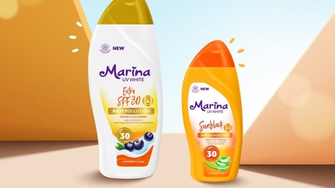 Marina UV White Hand & Body Lotion Extra SPF 30 (kiri) dan Marina UV White Hand & Body Lotion Sunblock SPF 30 (kanan). [Instagram/@sahabatmarina]