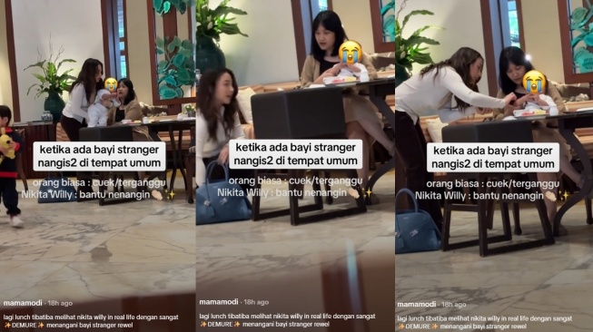 Nikita Willy santai meletakkan tas branded seharga puluhan juta Rupiah di lantai demi membantu menenangkan anak orang lain yang rewel di sebuah restoran. [TikTok/@kaylaaaapf]