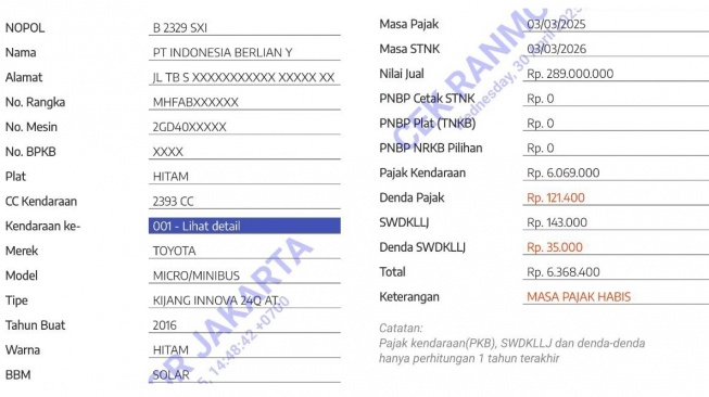 Pajak Kijang Innova yang ditunggangi Jokowi saat pelaporan ijazah palsu (Cek Ranmor)