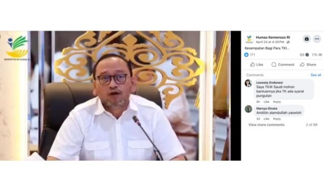 Unggahan yang menarasikan Sekjen Kemensos berikan tunjangan kesehatan Rp150 juta untuk pekerja migran Indonesia. Faktanya, video tersebut merupakan deepfake. (Facebook)
