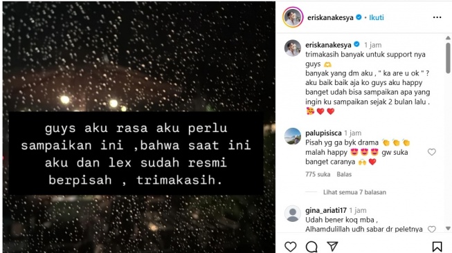 Eriska Nakesya Umumkan Cerai dari Young Lex. [Instagram]