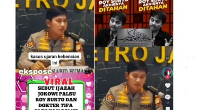 Tangkapan layar unggahan berita hoaks yang menarasikan Roy Suryo dan Dokter Tifa ditahan polisi karena menyebut ijazah Presiden Joko Widodo (Jokowi) palsu pada akhir April 2025. [Dok. Antara]