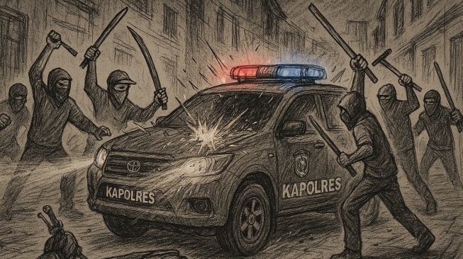 ilustrasi Pelaku Tawuran Serang Mobil yang Ditumpangi Kapolres Pelabuhan Belawan AKBP Oloan Siahaan. [ChatGPT]