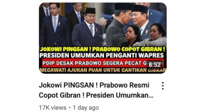 Hoaks Presiden Prabowo resmi copot Gibran sebagai Wapres. [Ist]
