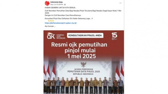 Unggahan yang menarasikan OJK putihkan utang pinjol mulai 1 Mei 2025. Faktanya, OJK menyatakan pernyataan tersebut hoaks. [Dok. Antara]