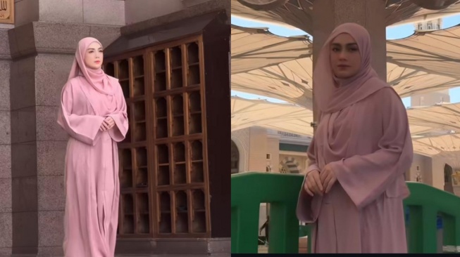 Potret Celine Evangelista pakai pashmina dan gamis serba pink di Masjid Nabawi (Instagram/celine_evangelista)