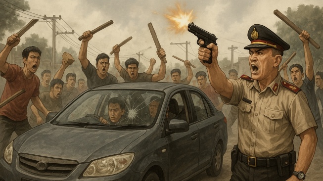 Ilustrasi Polisi memberikan tembakan peringatan.  [ChatGPT]