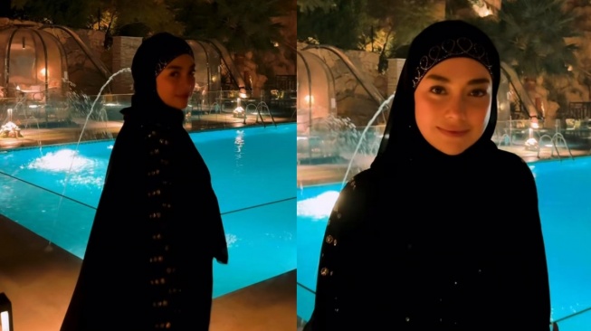 Potret Celine Evangelista pakai pashmina dan gamis serba hitam (Instagram/celine_evangelista)