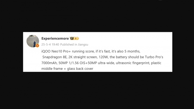 iQOO Neo 10 Pro Plus Siap Meluncur Bulan Ini, Terungkap Spesifikasi Penting, Senin (5/5/2025). [Gizmochina]