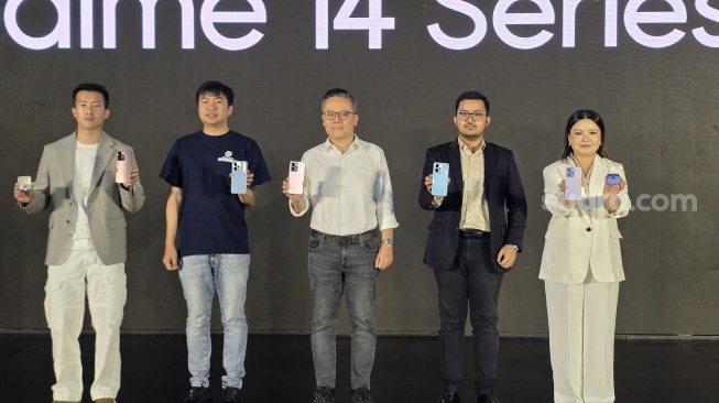 Peluncuran Realme 14 5G dan Realme 14T 5G yang digelar di Sopo Del Tower, Kuningan, Jakarta, Selasa (6/5/2025). [Suara.com/Dicky Prastya]