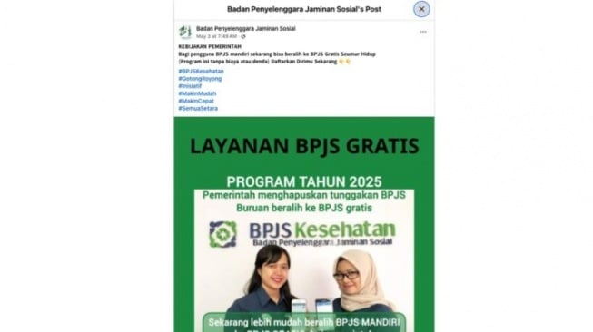 Unggahan yang menarasikan tautan pendaftaran BPJS gratis seumur hidup. Faktanya, BPJS menjelaskan klaim tersebut hoaks. (Facebook)
