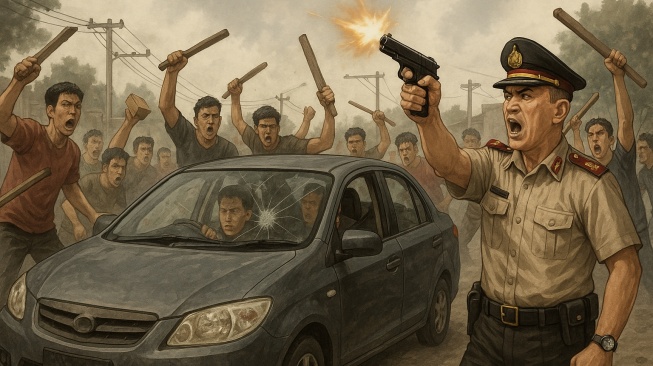 Ilustrasi Kapolres Belawan AKBP Oloan Siahaan melepaskan tembakan saat hendak membubarkan aksi tawuran di Tol Belmera. [ChatGPT]