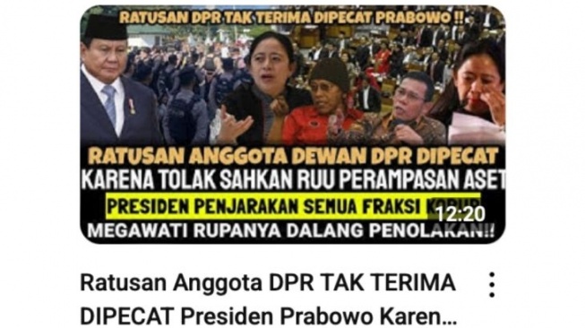 Unggahan yang menarasikan ratusan anggota DPR dipecat Prabowo karena tolak RUU Perampasan Aset. [Dok. Antara]