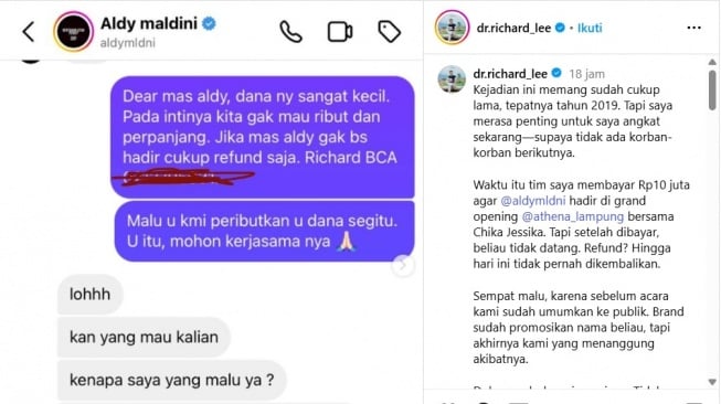 Richard Lee buka-bukaan pernah jadi korban dugaan penipuan eks CJR Aldy Maldini pada 2019. [Instagram]