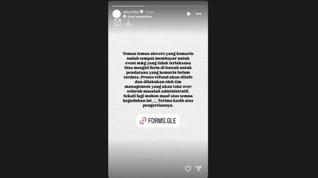 Tangkapan layar Instagram Story Aldy Maldini menjanjikan refund ke penggemar terduga korban penipuan berkedok dinner bersama. [Instagram Story/@aldymldni]