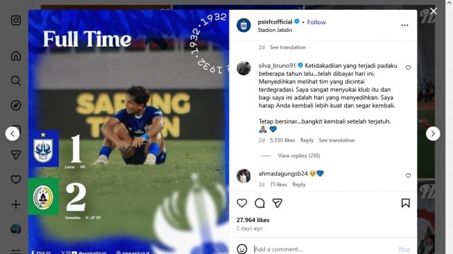 PSIS Resmi Degradasi, Bruno Silva: Ketidakadilan Padaku Dibayar Lunas [Tangkap layar Instagram]