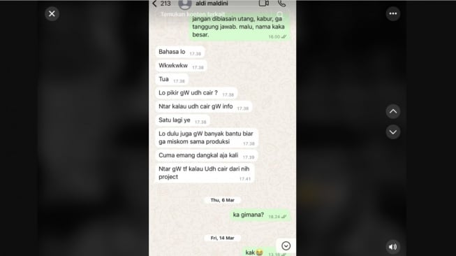 Bukti Chat Aldy Maldini Utang Rp 5 Juta ke Mantan Road Manager. [TikTok]