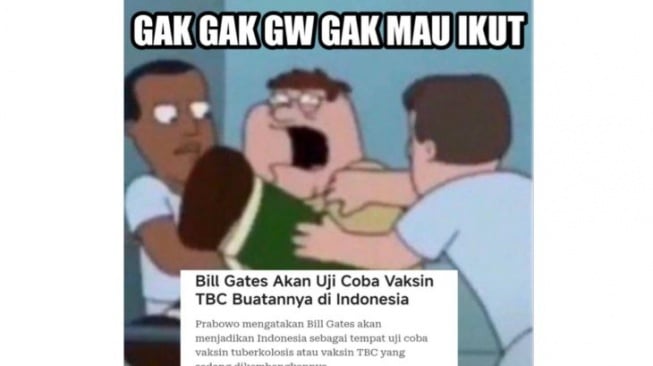 Unggahan yang menarasikan peserta uji coba vaksin TBC Bill Gates akan dapat bansos Rp 150 ribu. Narasi tersebut merupakan berita hoaks. [Dok. Antara]