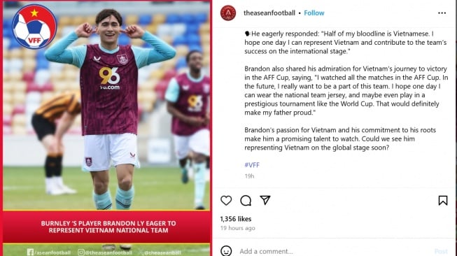 Pemain keturunan Vietnam, Brandon Ly yang berkarier di Burnley U-21. Ia memiliki darah Vietnam dari pihak ayahnya dan menyatakan ingin memperkuat Golden Star Warriors di masa mendatang. (Instagram/@theaseanfootball)