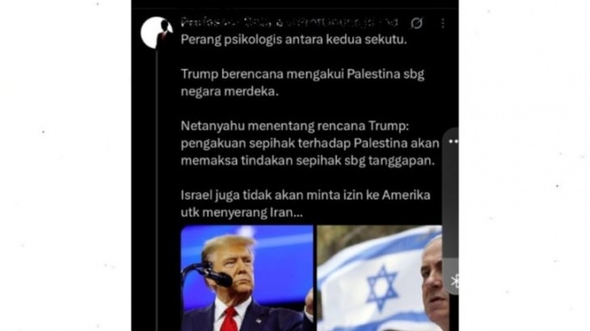 Potongan unggahan bernarasi Netanyahu menentang rencana Donald Trump yang disebut-sebut akan mengakui Palestina sebagai negara merdeka dan berdaulat. [Dok. Antara]
