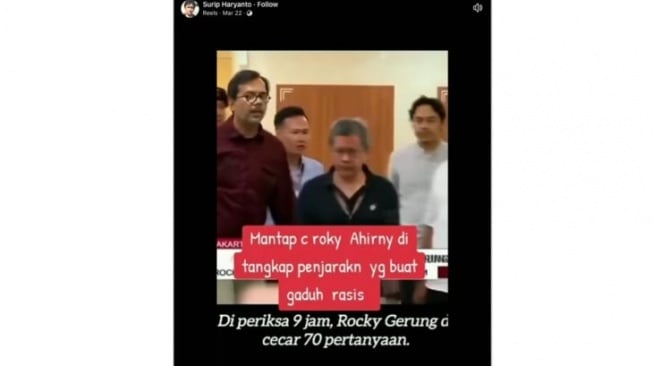 Unggahan yang menarasikan video Rocky Gerung ditangkap dan divonis 20 tahun penjara pada Mei 2025. [Dok. Antara]