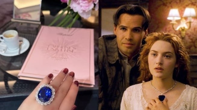 Kolase cincin berlian yang dicoba Syahrini mirip dengan kalung "Heart of the Ocean" di film Titanic (Istimewa)