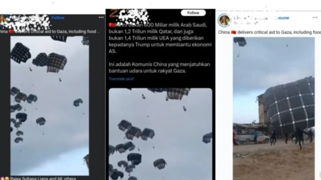 Tangkapan layar sejumlah unggahan video yang diklaim sebagai bantuan lewat udara dari China untuk Gaza. [Dok. Antara]