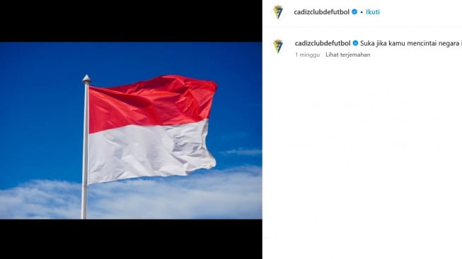 Klub Segunda Division atau kasta kedua Liga Spanyol, Cadiz FC tiba-tiba posting bendera Merah Putih. Hal ini mendapatkan sorotan dari netizen Tanah Air yang beranggapan mereka bakal mendatangkan pemain dari Indonesia dan Jordi Amat kencang dirumorkan. (Instagram Cadiz FC)