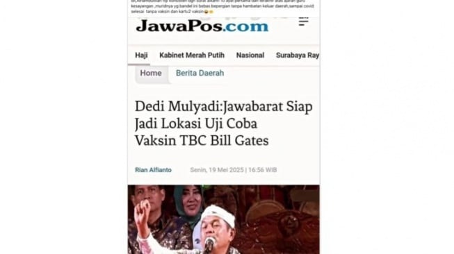 Unggahan artikel yang menarasikan Dedi Mulyadi nyatakan Jawa Barat akan jadi lokasi uji coba vaksin TBC Bill Gates. [Dok. Antara]