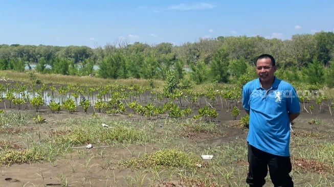 Ketua P3MD Kendal Wasito berdiri dengan latar tanaman mangrove di pesisir pantai Desa Pidodo Kulon, Kecamatan Patebon, Kabupaten Kendal, Jawa Tengah.(Suara/Rendy Adrikni Sadikin)