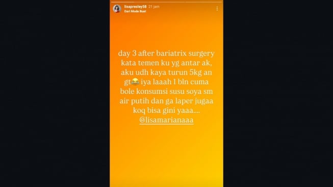 Lisa Mariana langsung turun 5 kg usai operasi bariatrik (Instagram/@lisapresley)