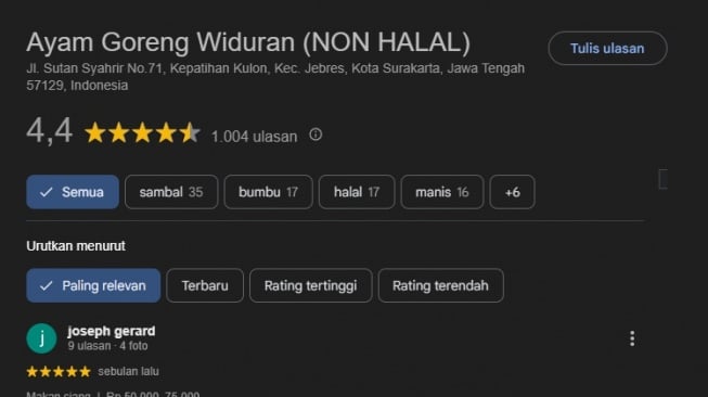 Review Ayam Goreng Widuran Solo. [Instagram/ayamgorengwiduransolo]