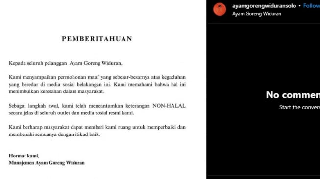 Pemintaan Maaf Ayam Goreng Widuran Solo. [Instagram/ayamgorengwiduransolo]