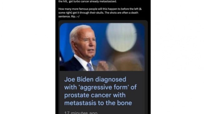 Narasi yang menyebutkan Joe Biden terserang kanker karena vaksin Covid-19. [Dok. Antara]