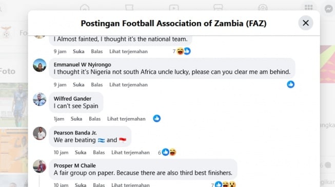 Publik Zambia Pede Bisa Tekuk Timnas Indonesia di Piala Dunia U-17 2025 [Tangkap layar Facebook]