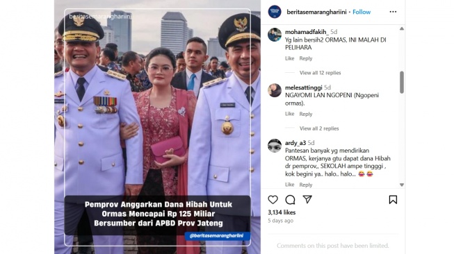 Tangkapan layar dana hibah untuk ormas yang ramai dibicarakan di media sosial Instagram.