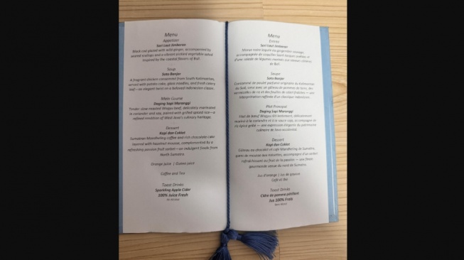 Daftar menu makanan dan minuman saat gala dinner Presiden Prabowo dengan Presiden Macron. (Foto: Ist)