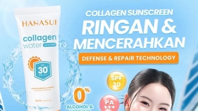 Hanasui Collagen Water Sunscreen SPF 30, rekomendasi sunscreen yang mengandung kolagen (Shopee/Hanasui Official Shop)