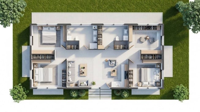 Rumah 3 Kamar Minimalis dengan Walk-In Closet (dibuat dengan AI)